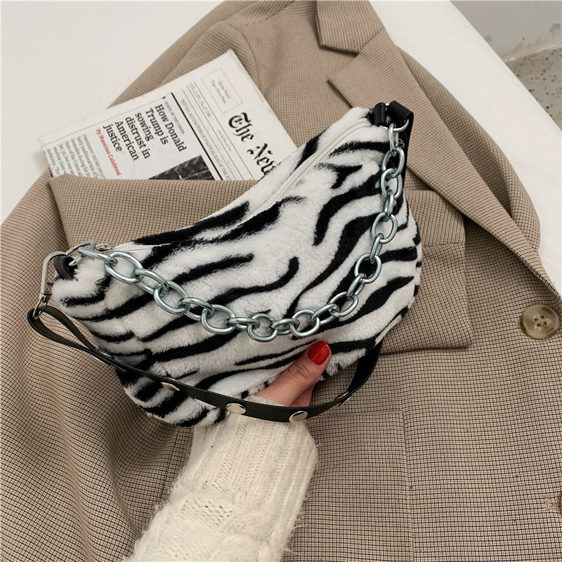 Leopard Pattern Plush Shoulder Bag Personality Diagonal Women Bag