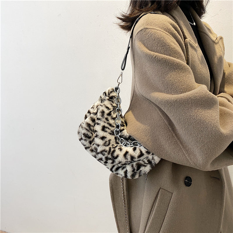 Leopard Pattern Plush Shoulder Bag Personality Diagonal Women Bag