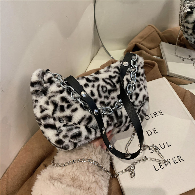 Leopard Pattern Plush Shoulder Bag Personality Diagonal Women Bag